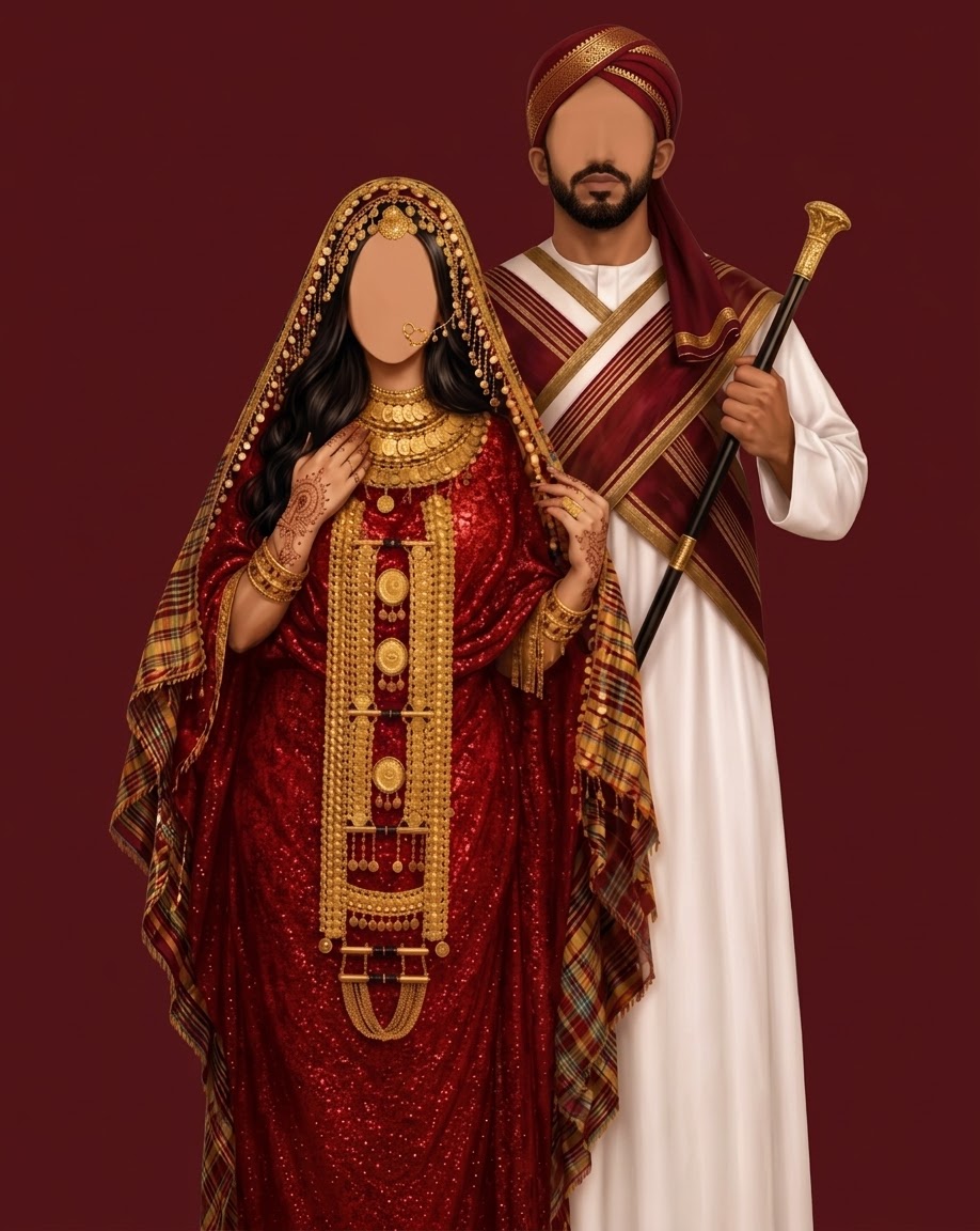 وجدي ونشوى بالزي السوداني باللون العنابي والذهبي